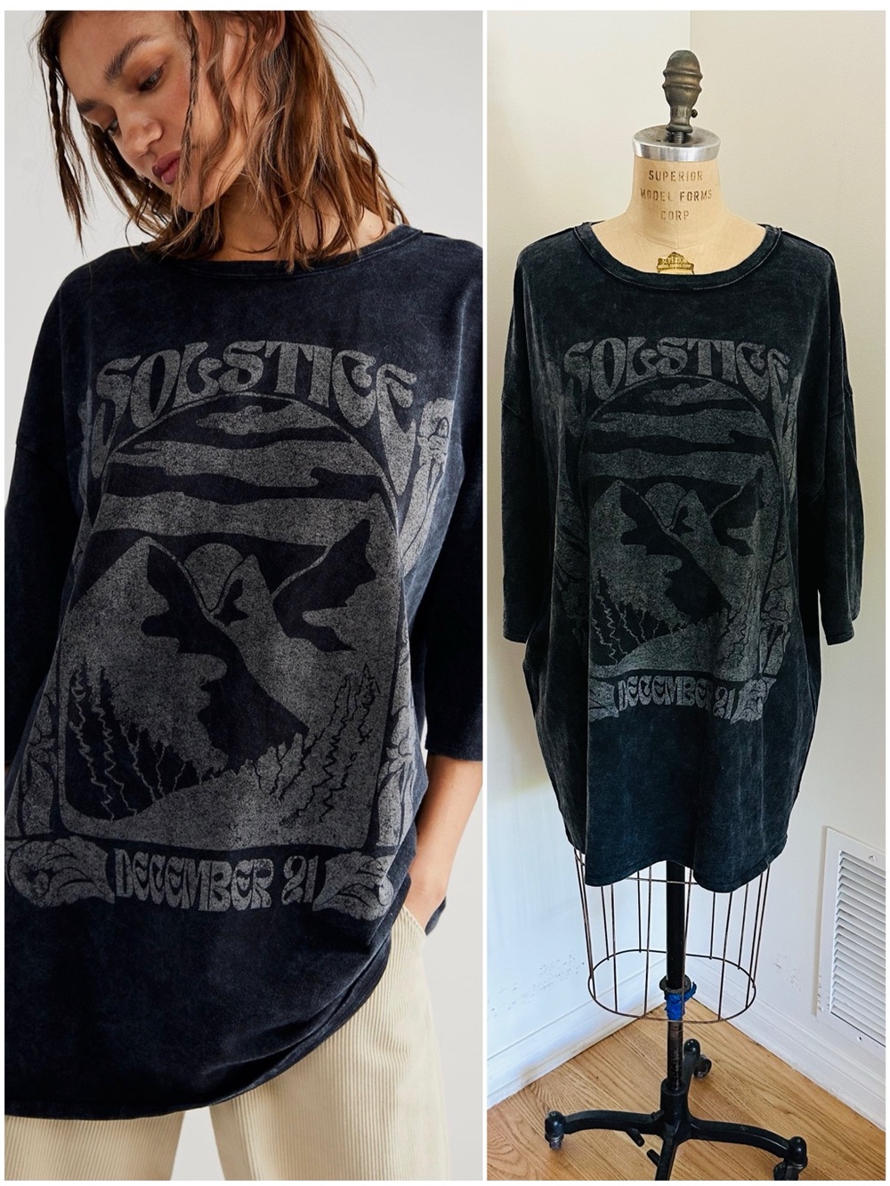 We The Free x FREE PEOPLE Solstice Oversized Tee in Washed Black, M/L